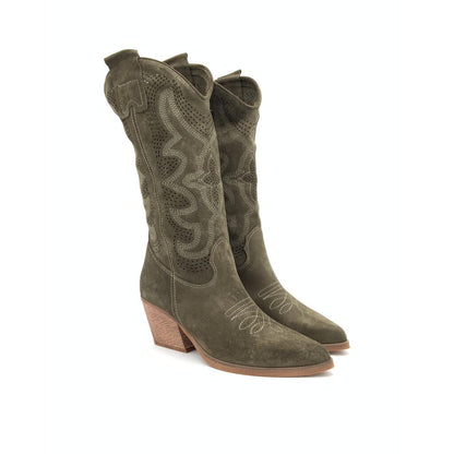 Olive Suede Western Boots with Embroidered Detail