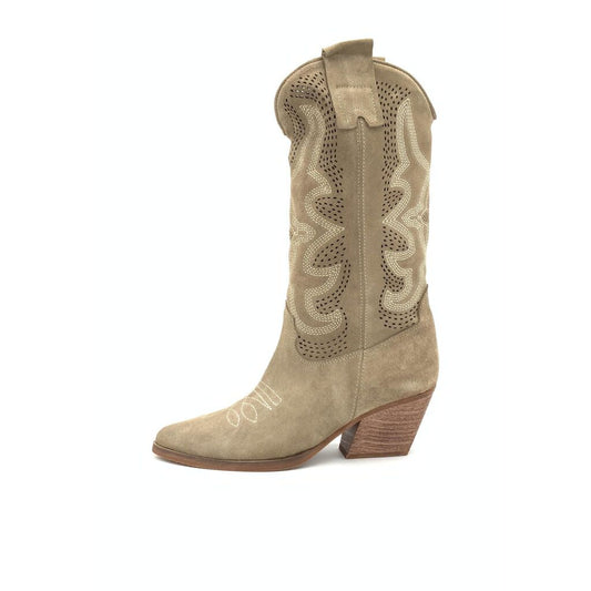 Taupe Suede Western Ankle Boot with Embroidered Detail