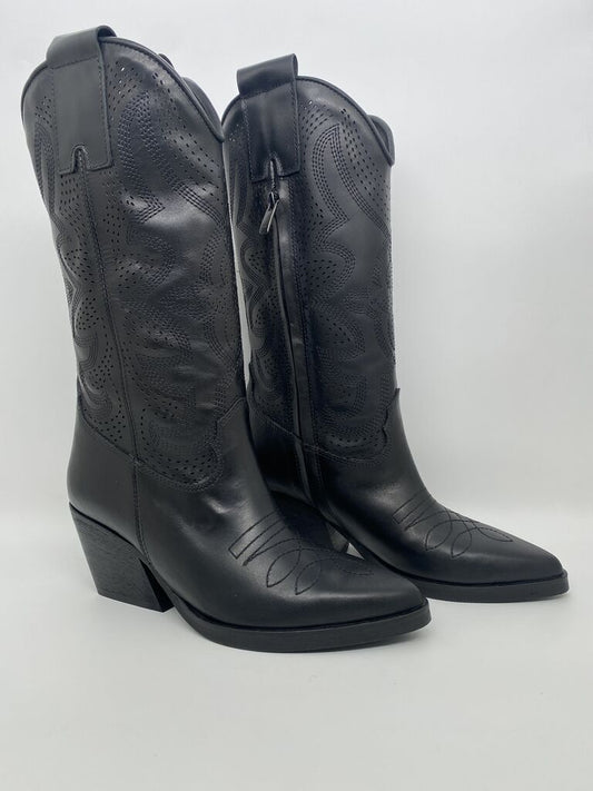 Black Embossed Leather Western Boots