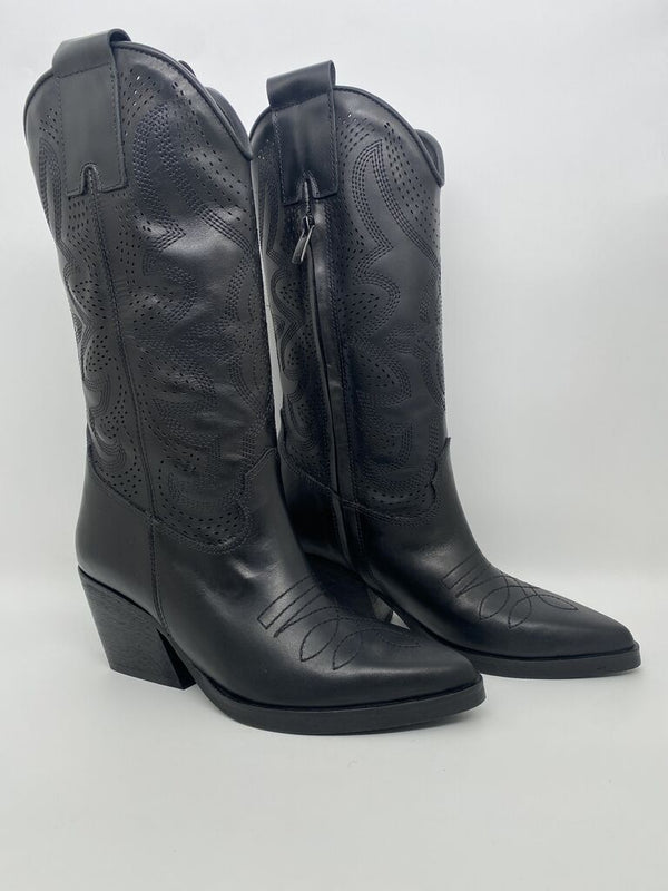 Black Embossed Leather Western Boots