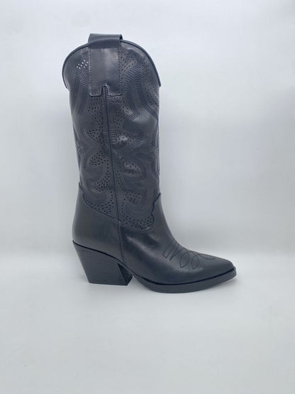 Black Embossed Leather Western Boots