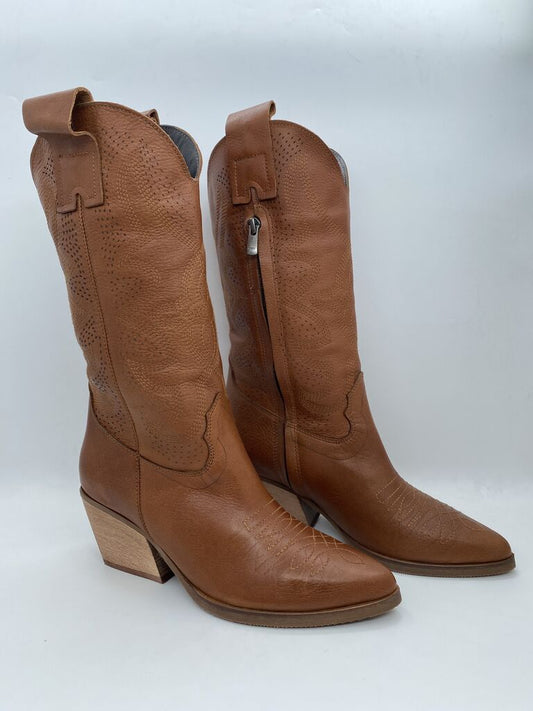 Brown Textured Cowboy Boots with Block Heel