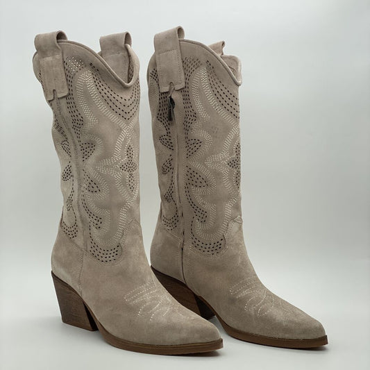Taupe Suede Western Boots with Embroidered Detail