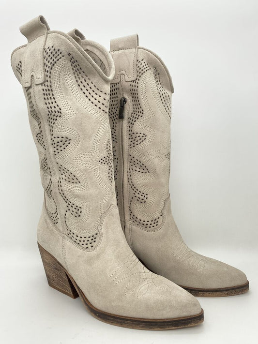 Taupe Suede Western Boots with Embroidered Detail