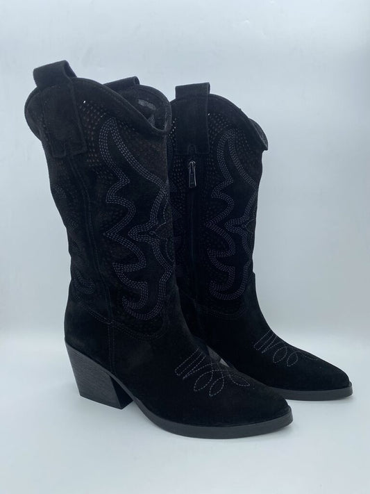 Black Suede Western Boots with Intricate Stitching