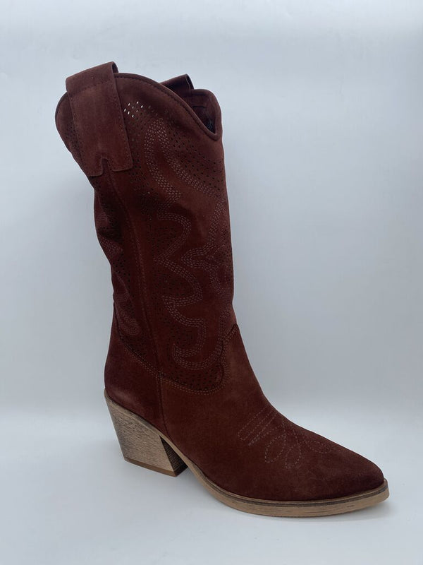 Bordeaux Suede Western Boots with Block Heel