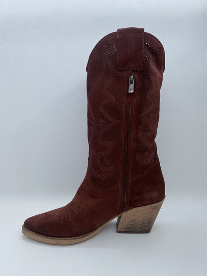 Bordeaux Suede Western Boots with Block Heel
