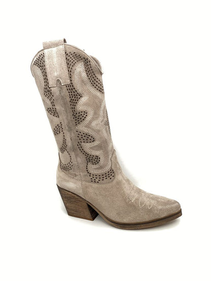 Taupe Suede Western Boot with Perforated Design