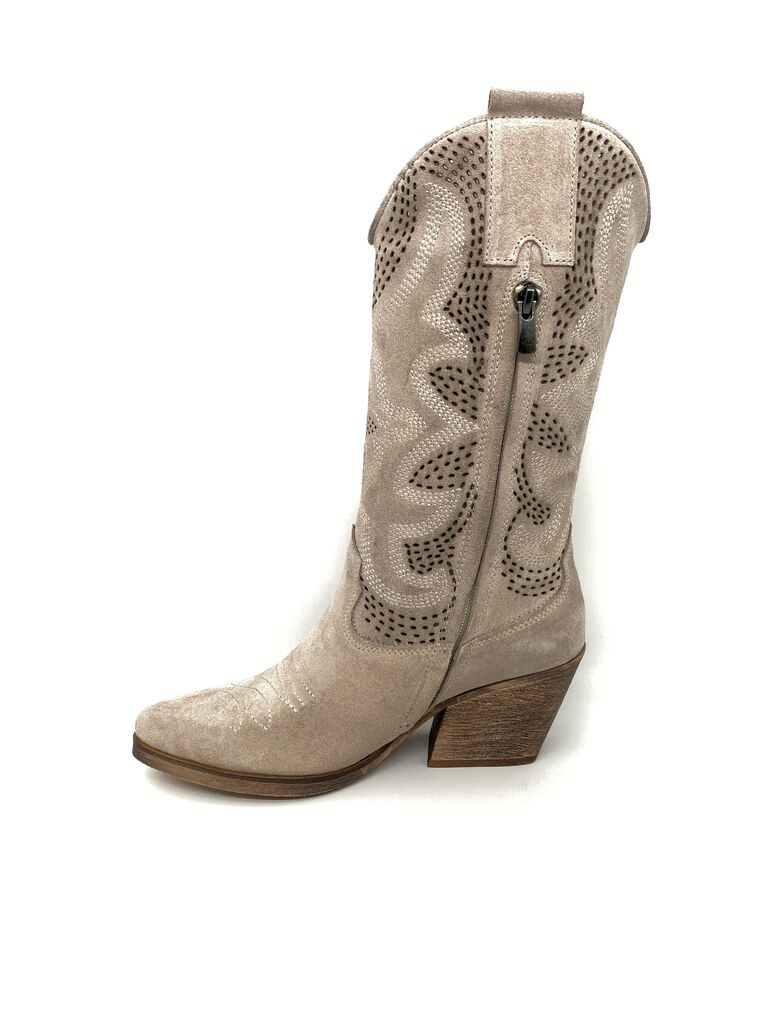 Taupe Suede Western Boot with Perforated Design