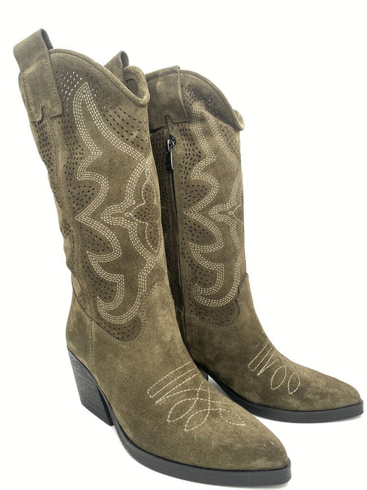 Olive Suede Western Boot with Embroidered Details