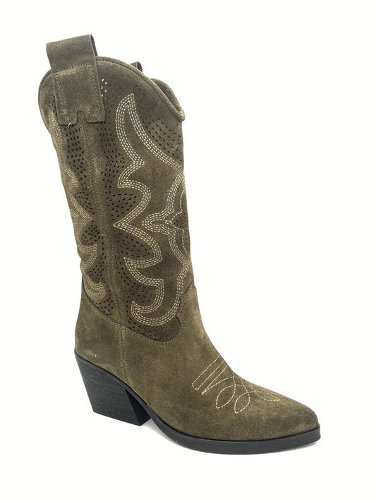 Olive Suede Western Boot with Embroidered Details