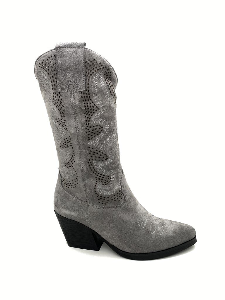 Gray Suede Western Boots with Perforated Design
