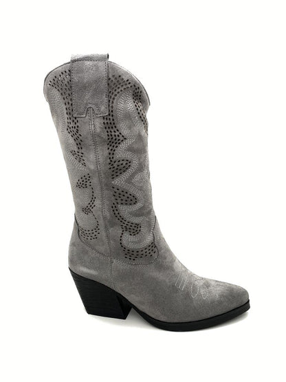 Gray Suede Western Boots with Perforated Design