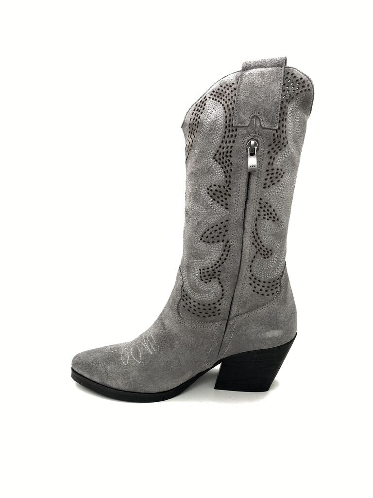 Gray Suede Western Boots with Perforated Design
