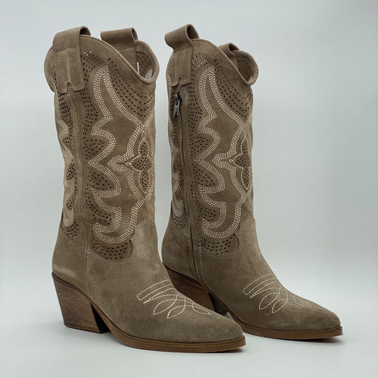 Taupe Suede Western Boots with Embroidered Detail