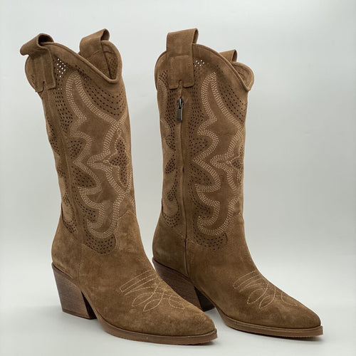 Brown Suede Western Boots with Embroidered Detail
