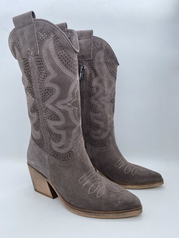 Taupe Suede Western Boot with Perforated Design