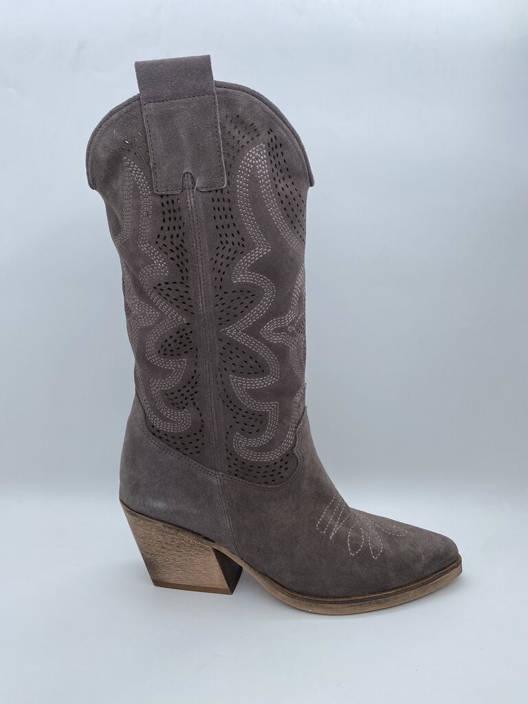 Taupe Suede Western Boot with Perforated Design
