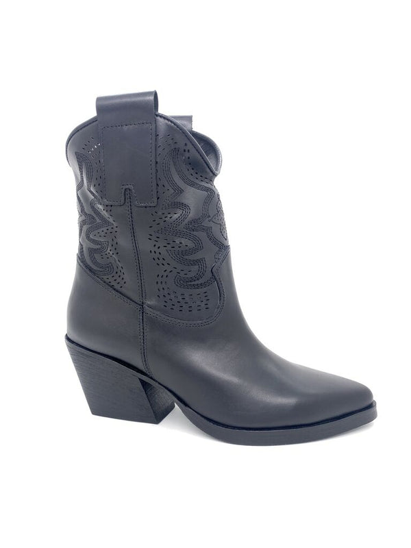 Black Western-Inspired Leather Ankle Boot with Block Heel