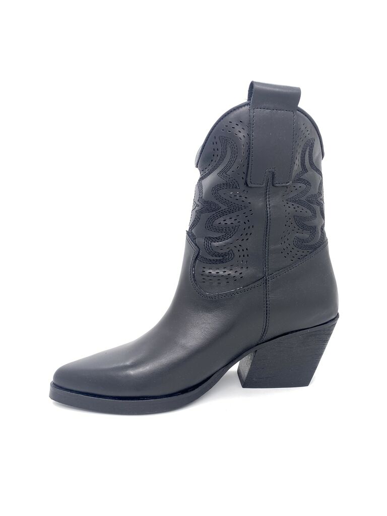 Black Western-Inspired Leather Ankle Boot with Block Heel