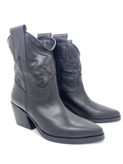 Black Western-Inspired Leather Ankle Boot with Block Heel