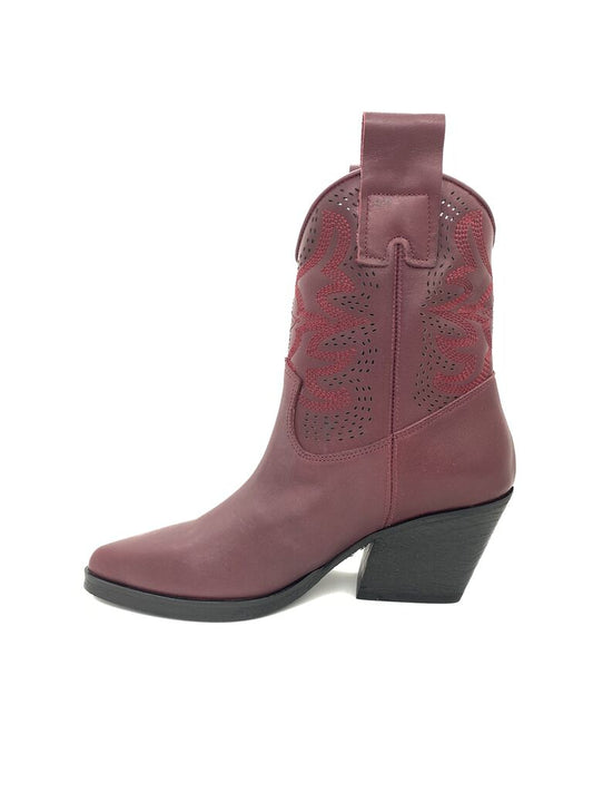 Burgundy Leather Western Boots with Embroidered Design