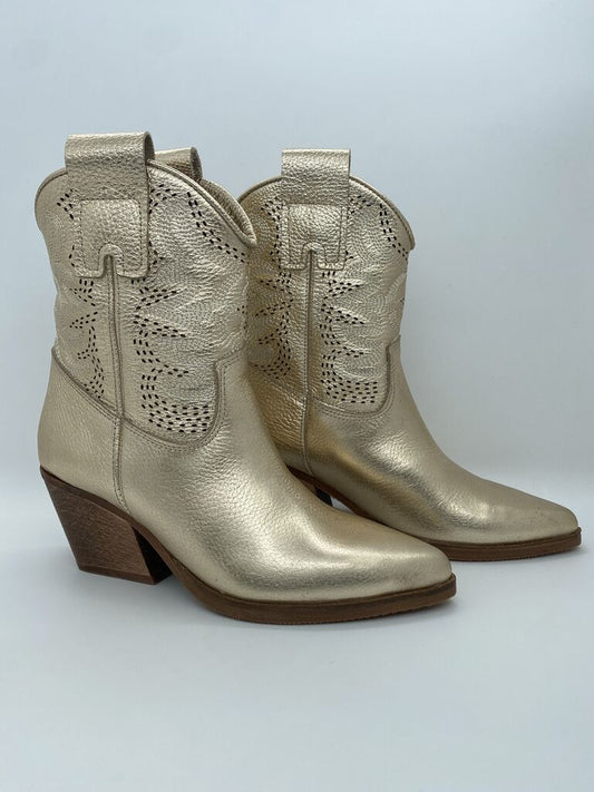 Gold Textured Leather Ankle Boots with Western Heel