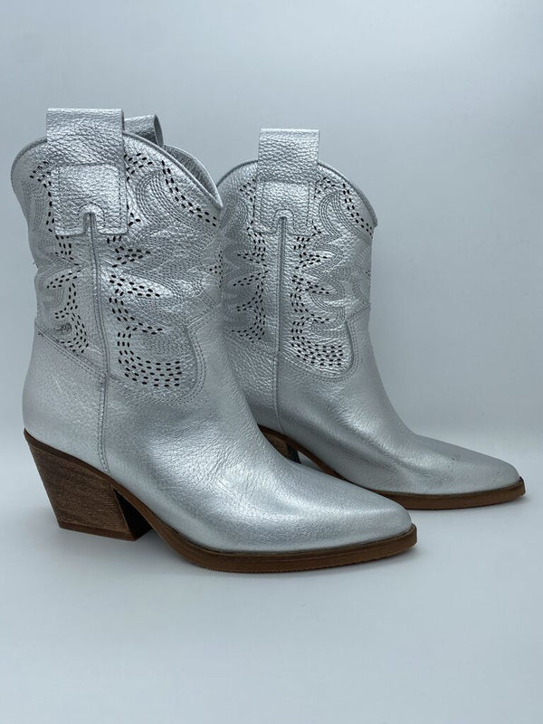 Silver Textured Western Ankle Boots with Block Heel