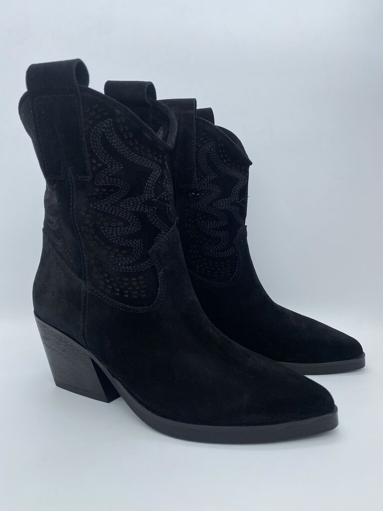 Black Suede Western Ankle Boots with Embroidered Design