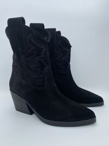 Black Suede Western Ankle Boots with Embroidered Design