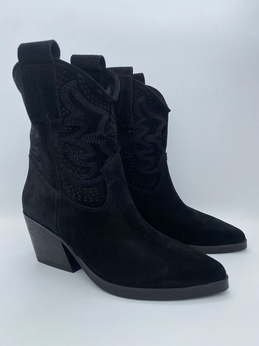 Black Suede Western Ankle Boots with Embroidered Design