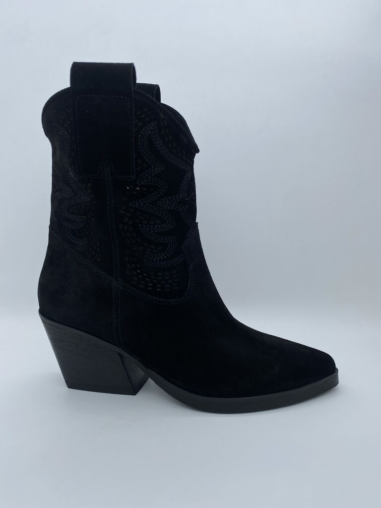 Black Suede Western Ankle Boots with Embroidered Design