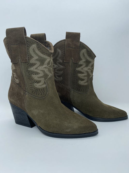 Olive Suede Western Boots with Embroidered Detail