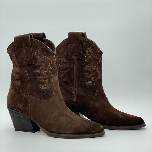 Brown Suede Ankle Boots with Western Stitching