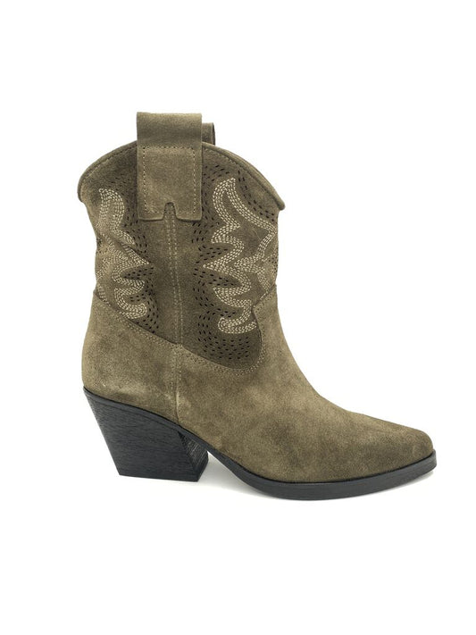 Olive Suede Ankle Boot with Western Stitching