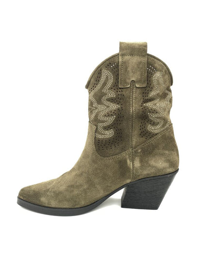 Olive Suede Ankle Boot with Western Stitching