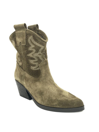 Olive Suede Ankle Boot with Western Stitching