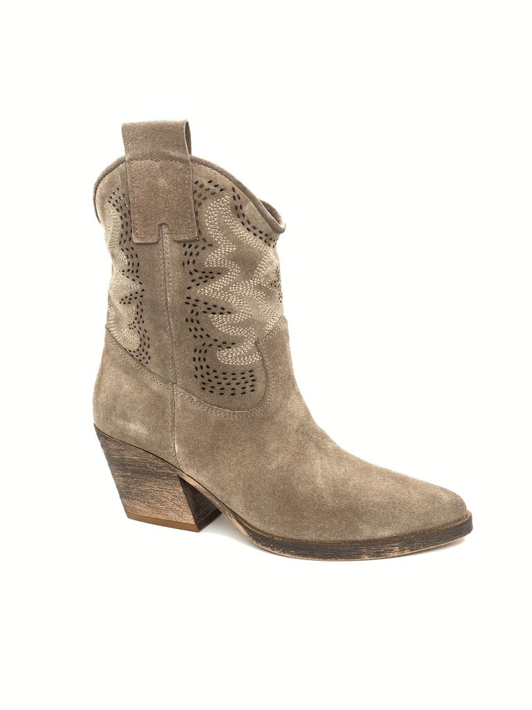 Taupe Suede Western Ankle Boot with Perforated Detail