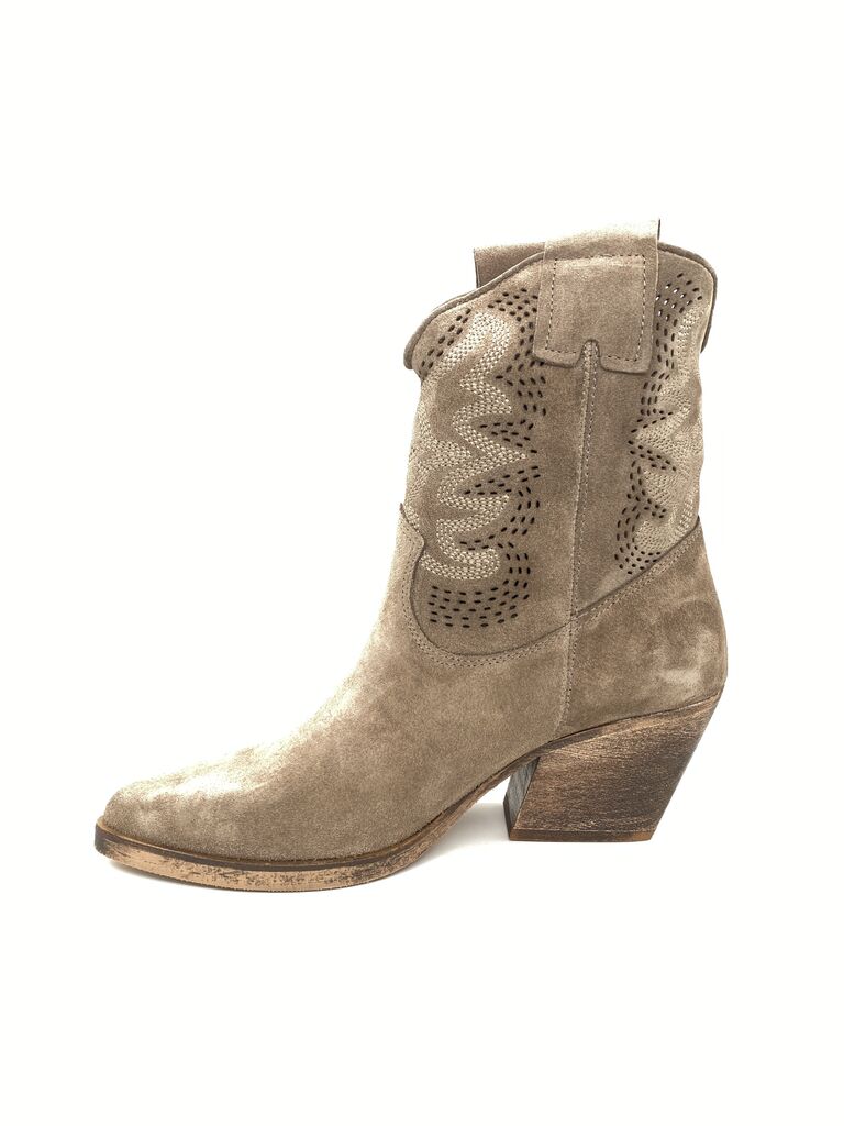 Taupe Suede Western Ankle Boot with Perforated Detail