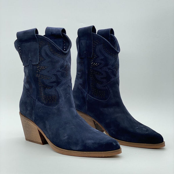Navy Suede Western Boot with Embroidered Details