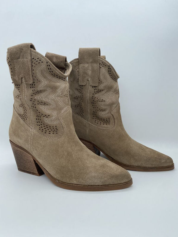 Taupe Suede Ankle Boots with Perforated Detail