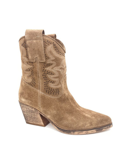 Brown Suede Western Ankle Boots with Embroidery