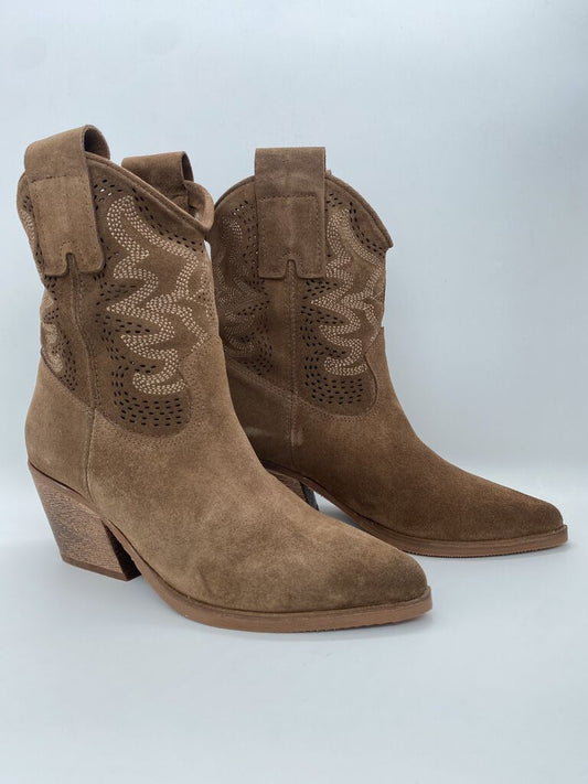Brown Suede Western Ankle Boots with Embroidery