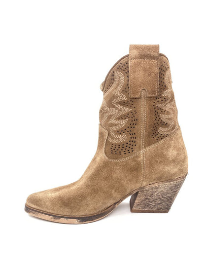 Brown Suede Western Ankle Boots with Embroidery