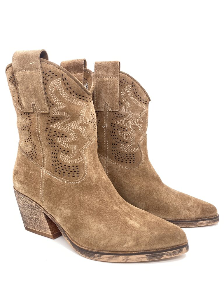 Brown Suede Western Ankle Boots with Embroidery