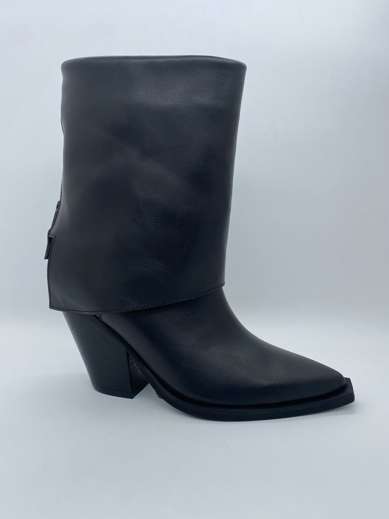Black Leather Ankle Boot with Angular Heel