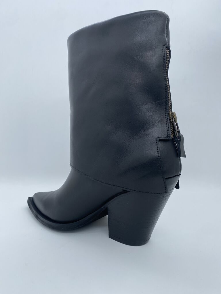 Black Leather Ankle Boot with Angular Heel