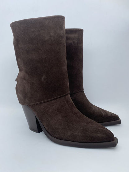 Brown Suede Mid-Calf Boots with Block Heel
