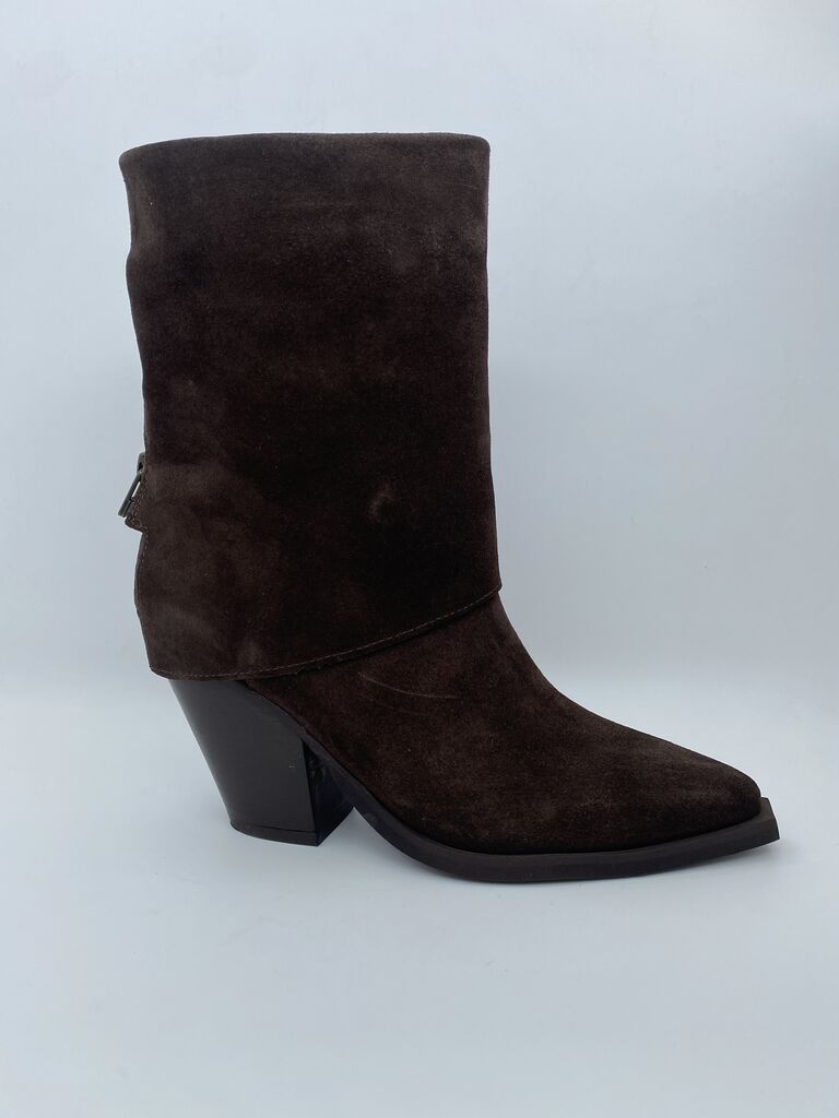 Brown Suede Mid-Calf Boots with Block Heel