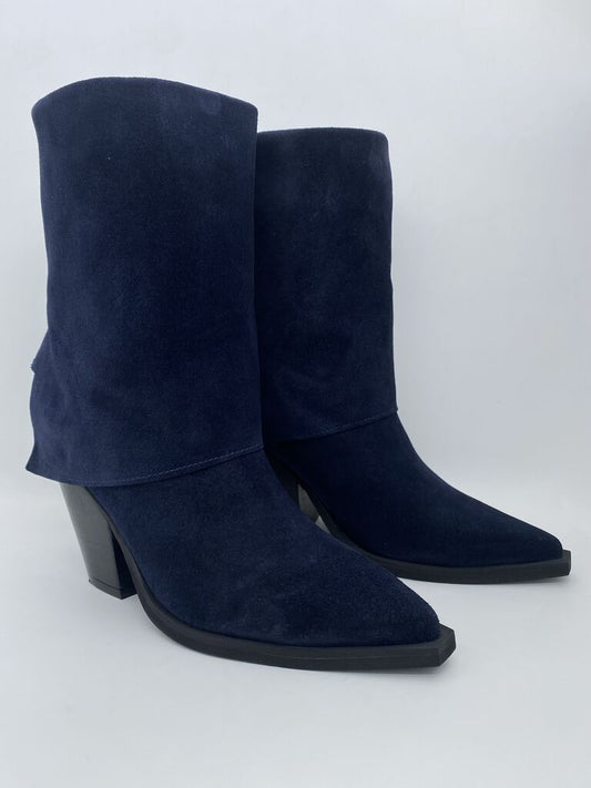 Navy Suede Mid-Calf Boots with Block Heel
